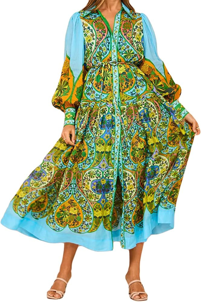 Women's Long Puff Sleeve Lapel Button Printed Bodycon A-Line Sexy Nightclub Vacation Beach Belted... | Amazon (US)