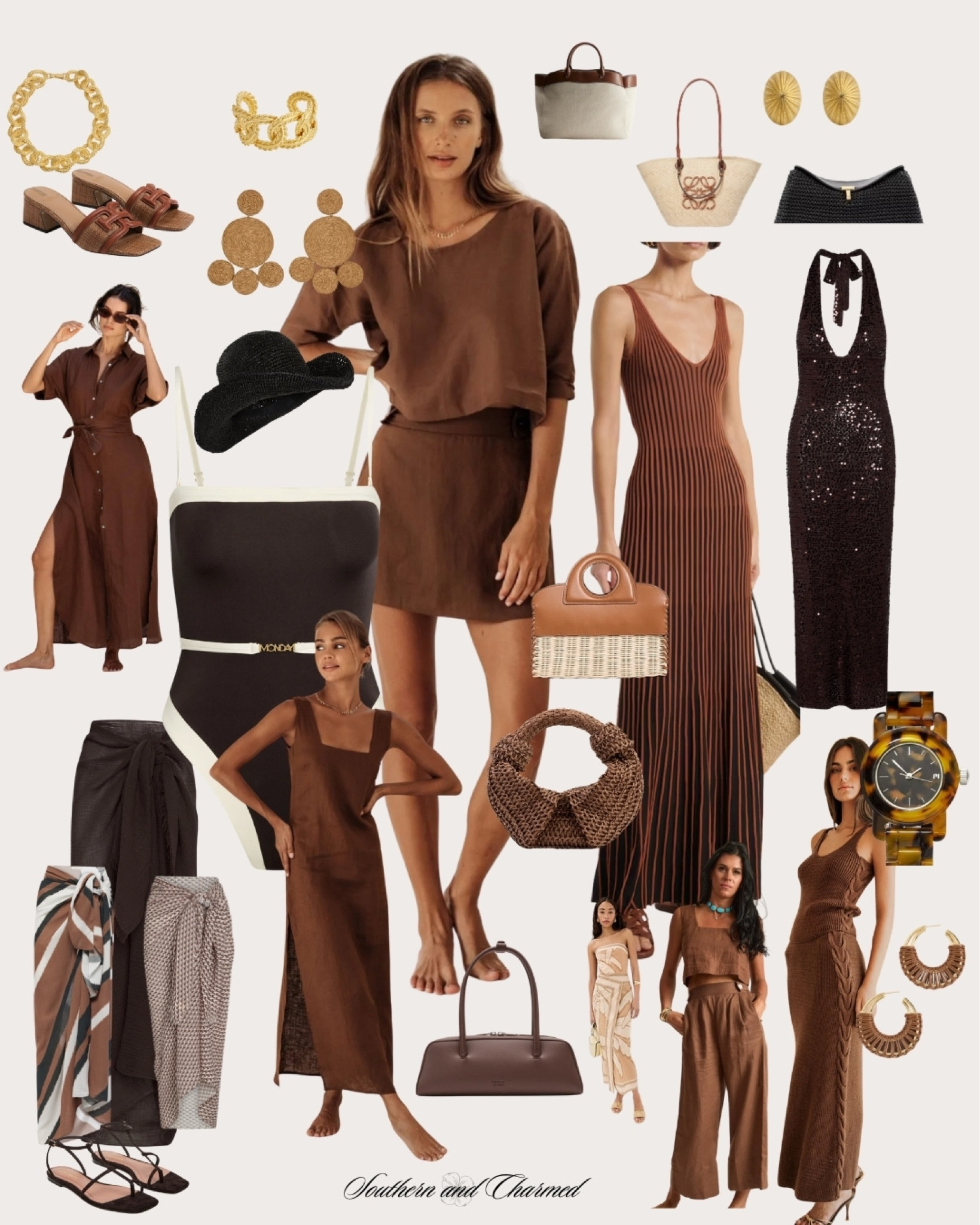 Chocolate brown and gold resort wear, spring break style, chocolate maxi skirt set, chocolate brown cover up, chocolate brown sarong, chocolate brown swimsuit, brown linen maxi dress, leopard, brown purse, brown bag, brown hat, raffia bag, spring break style 

#LTKSeasonal #LTKBump #LTKSwim