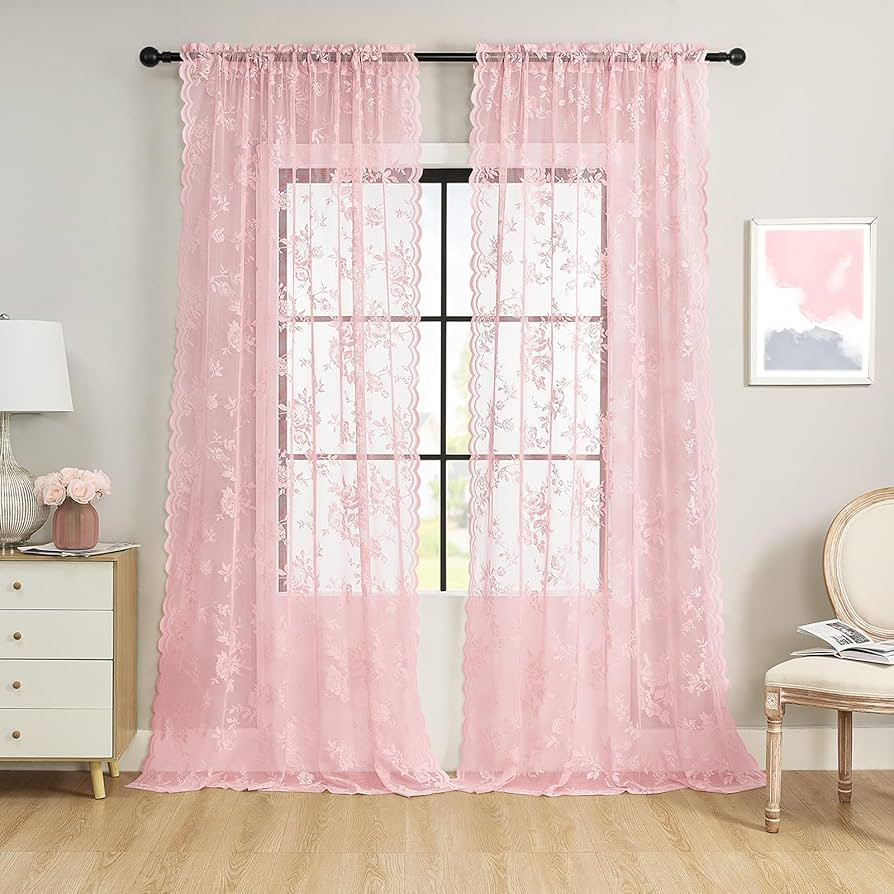 Light Pink Lace Sheer Curtains Romantic Flower Curtains 96 Inches Long 2 Panels for Living Room B... | Amazon (US)