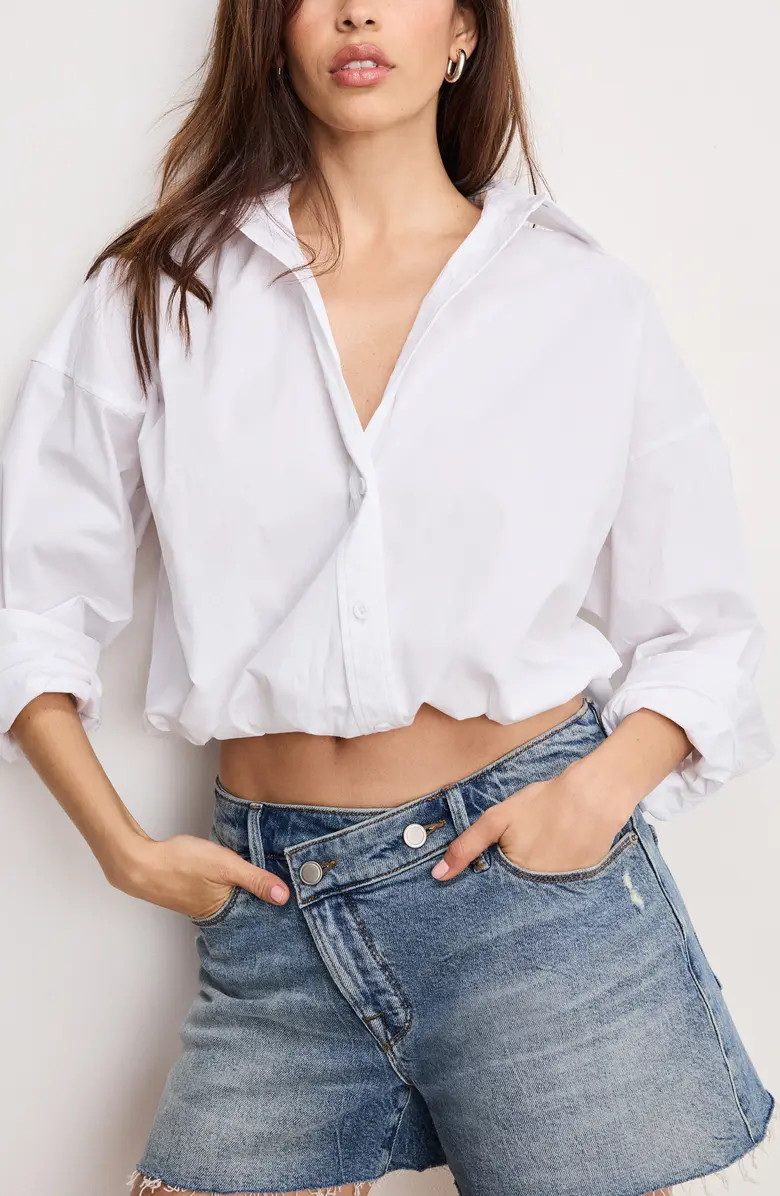 Good American Bubble Hem Crop Poplin Button-Up Shirt | Nordstrom | Nordstrom