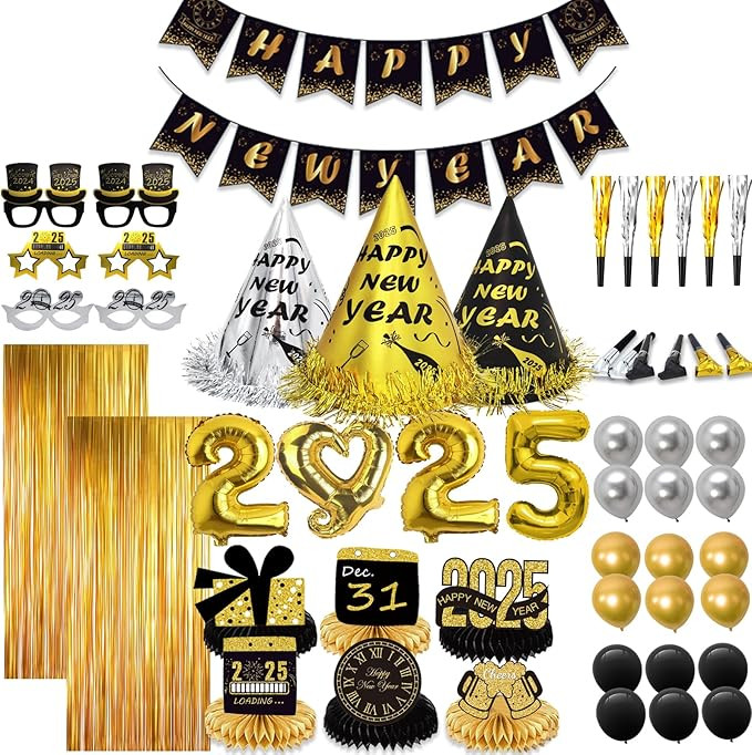 New Years Eve Party Supplies 2025 for 12, New Years Eve Party Decorations, 6 Hat, 6 Glasses, 12 b... | Amazon (US)