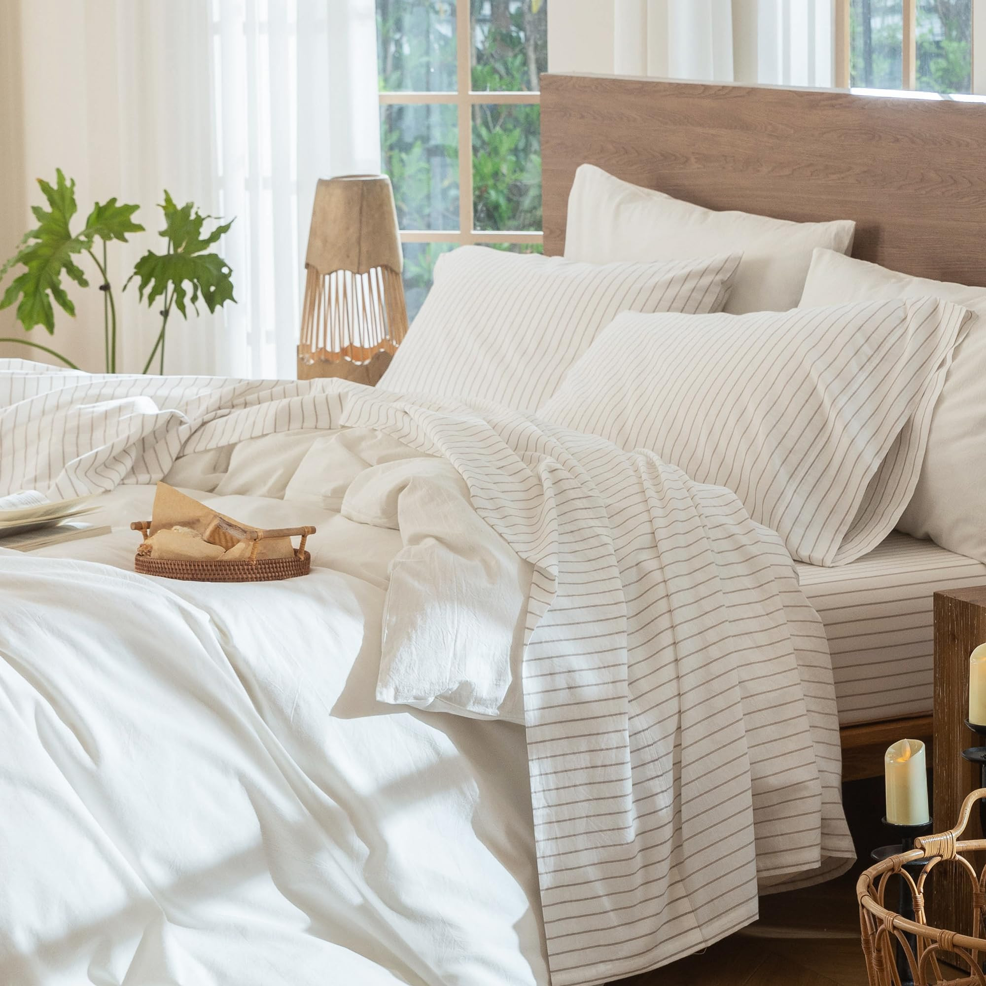 MooMee Striped Sheet Set 100% Washed Cotton Linen Like Textured Breathable Durable Soft Comfy (Wh... | Amazon (US)