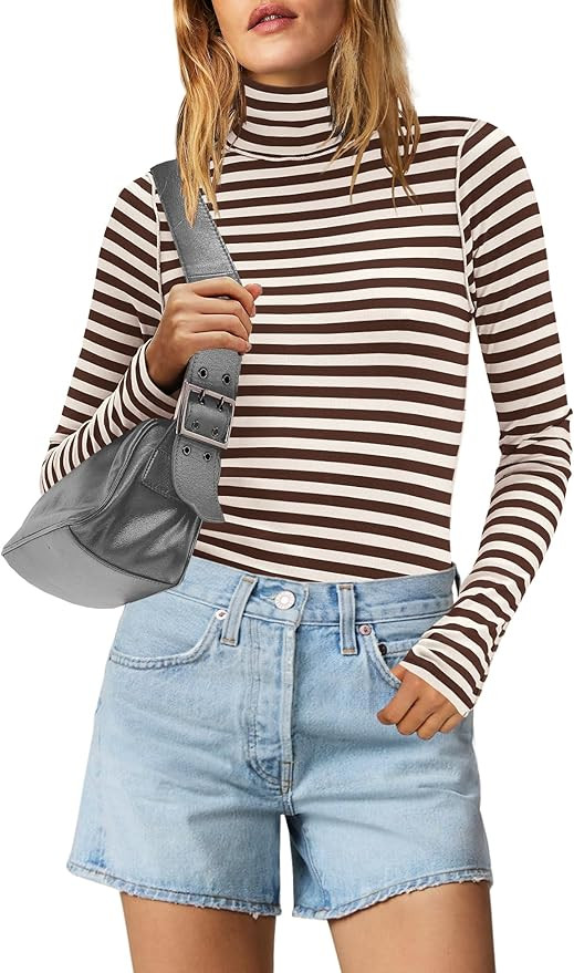 SENSERISE Womens Striped Shirts Long Sleeve Turtleneck Ribbed T Shirt Slim Fitted Lightweight Lay... | Amazon (US)