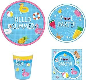 CC HOME Pool Party Supplies Pack- Serves 16 - Includes Plates,Cups and Napkins for Baby Shower,Bi... | Amazon (US)
