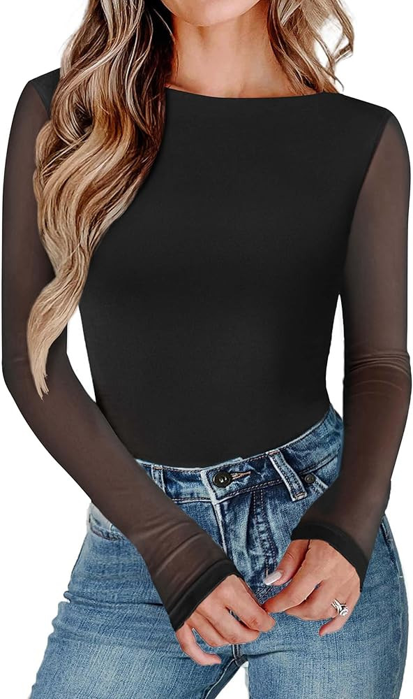 Avidlove Women Long Sleeve Body Suits Mesh Boat Neck Shapewear Bodysuit Crew Neck Leotards Going ... | Amazon (US)