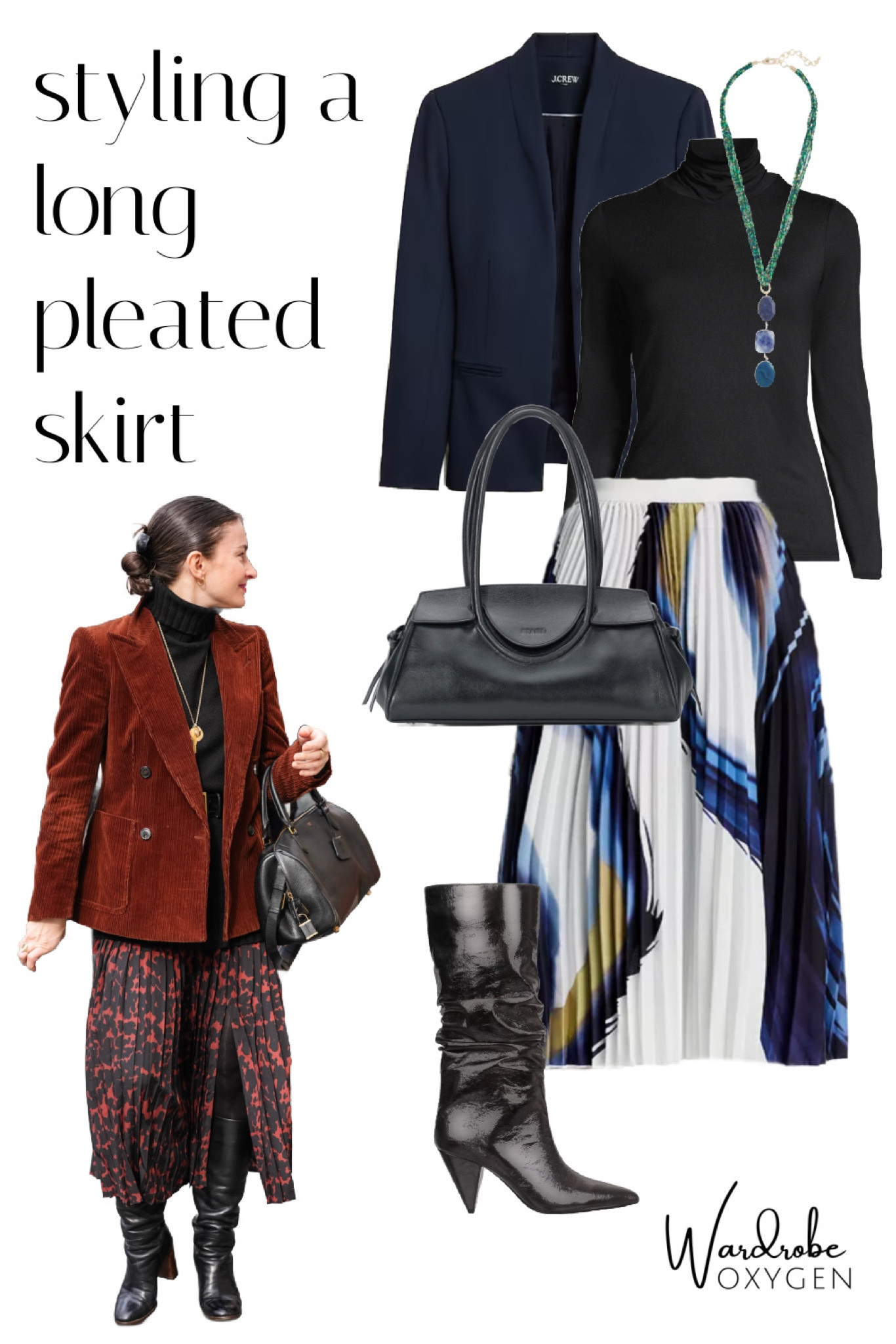A long pleated skirt looks both modern and classic with a blazer, turtleneck, and tall boots. Mixing navy and black is chic and feels purposeful when paired with a printed skirt incorporating both colors. The east west bag style is big for 2025 and this black leather purse fits the trend while still looking stylish years from now.

#LTKMidsize #LTKOver40 #LTKStyleTip