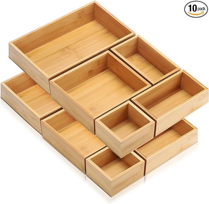 10 Pieces Bamboo Drawer Organizer Set, Multipurpose Storage Box Set, Various Sizes Drawer Organiz... | Amazon (US)