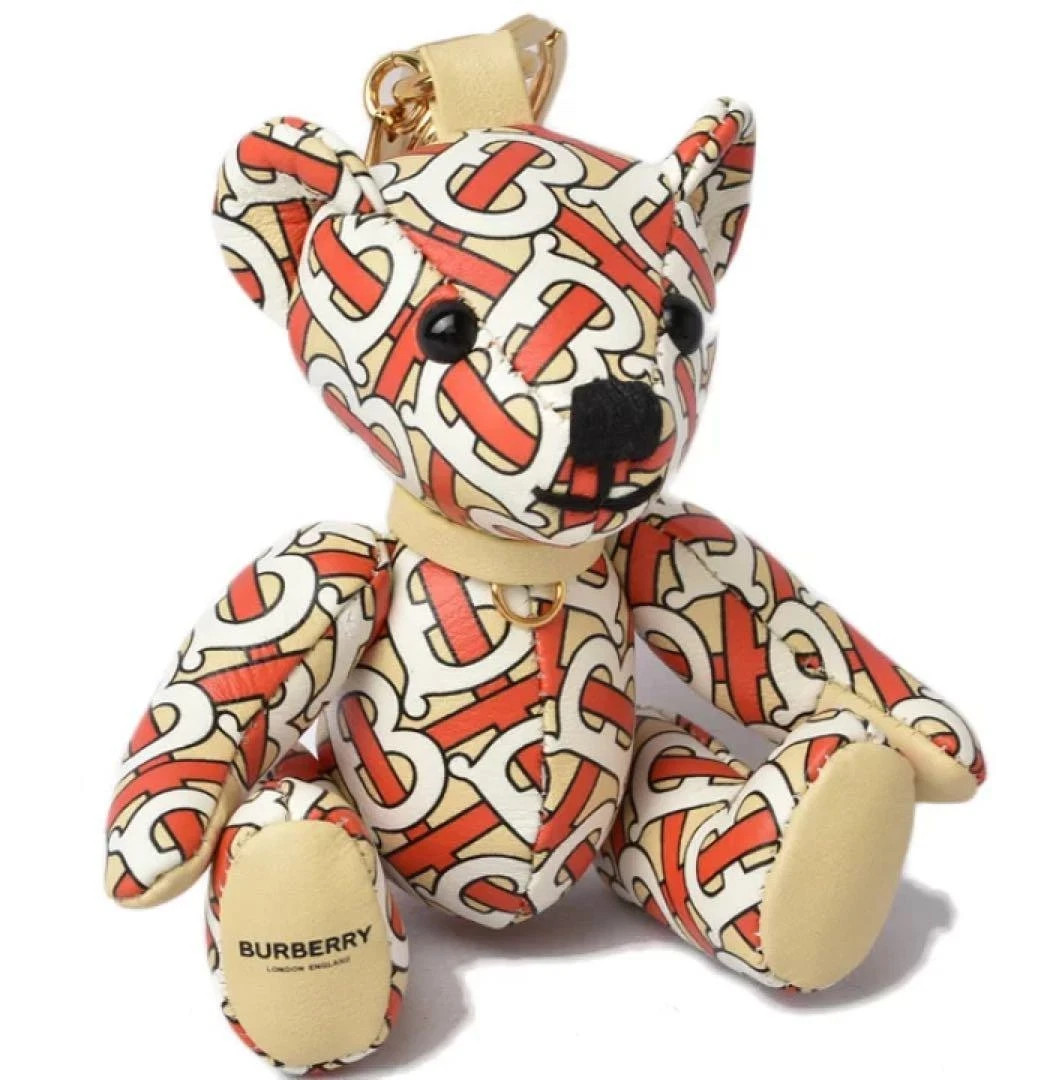 Burberry Thomas Bear Charm Keychain with Monogram Print Leather Orange White | eBay US