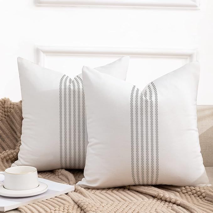 YCOLL Farmhouse Pillow Covers 18x18, Boho Throw Pillow Covers Set of 2, Gray and Cream Striped Li... | Amazon (US)