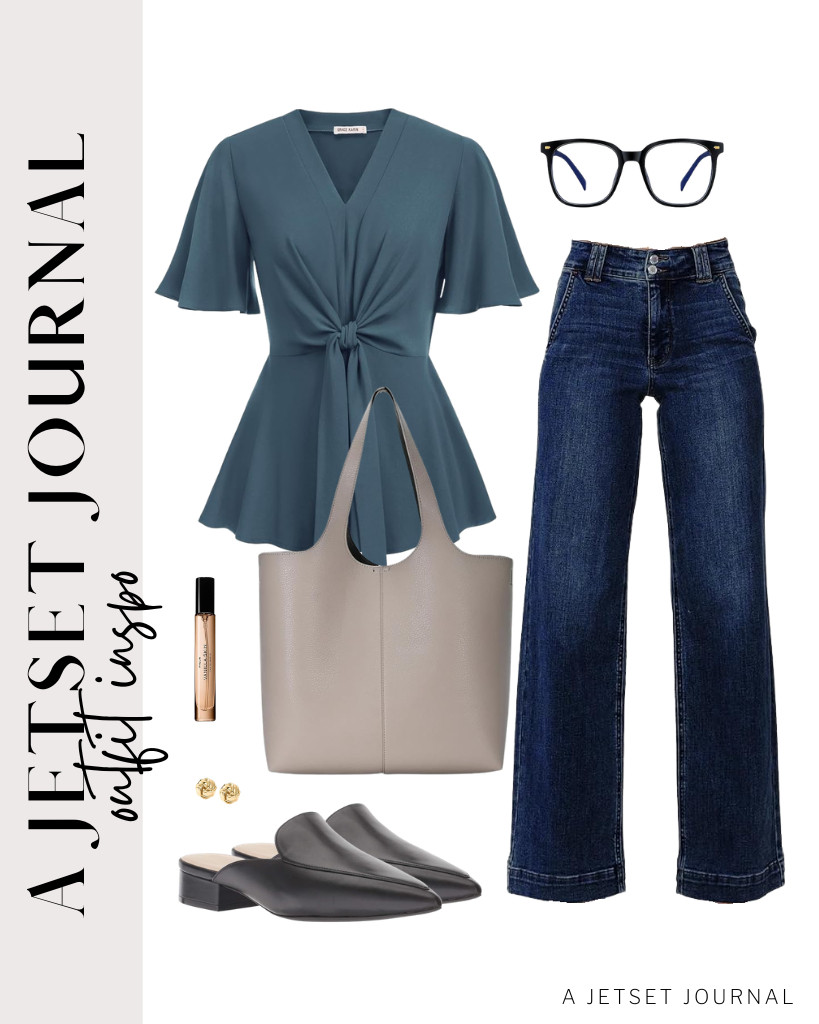 For the next outfit, pair a bluish-gray GRACE KARIN tie-waist peplum blouse with Astylish wide-leg jeans. This look goes well with Cole Haan Piper mules and a Madison West Elle tote bag. These PANNER glasses are perfect for this fit, too! Finish this look with PHLUR Vanilla Skin Perfume. 

 #LTKSeasonal #LTKSaleAlert #LTKTravel