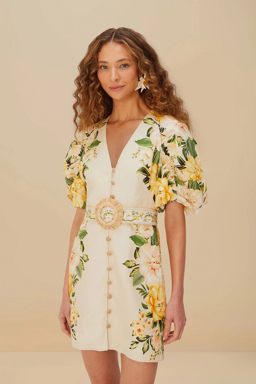 Sand Garden Cascade Euroflax™ Premium Linen Mini Dress | FarmRio (US)