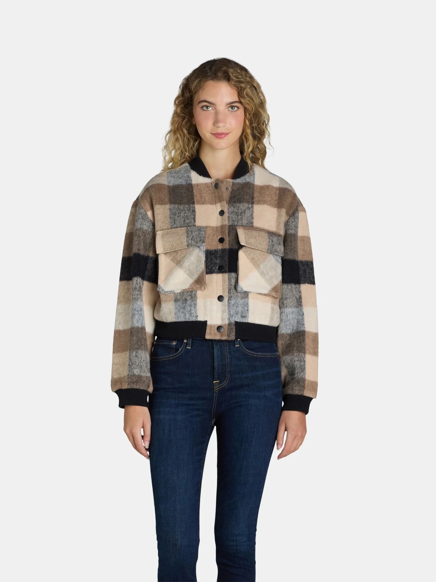 Madden NYC Juniors Plaid Cargo Bomber Jacket, Sizes XXS-XXL | Walmart (US)