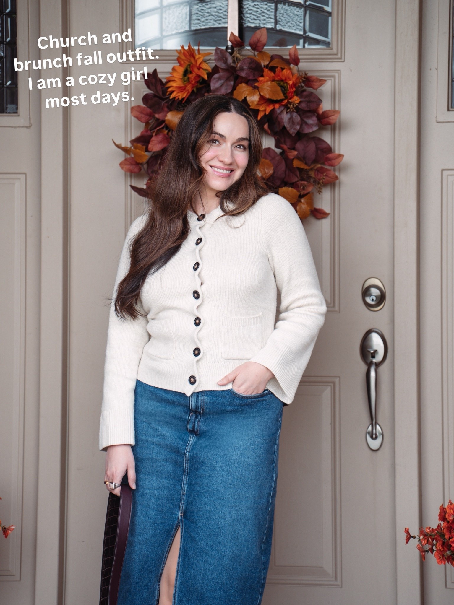 fall outfits women over 50, fit tts, denim skirt, cardigan, fall fashion