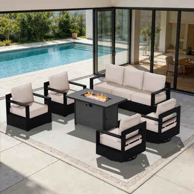 7-Person Modern Aluminum Patio Fire Pit Set, 3-Seat Sofa, 2 Swivel & 2 Armchairs with Cushions | Wayfair North America