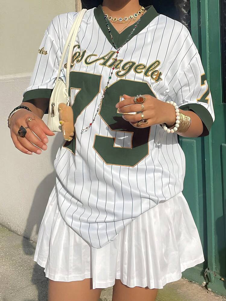 INAWLY Women's Solid Color Patchwork V-Neck Short Sleeve Digital Print Casual T-Shirt Graphic Tee... | SHEIN