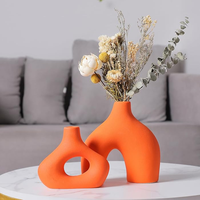 Orange Ceramic Vase Set of 2 for Modern Minimalist Bohemian Decor\uff0cRound Matte Donut Vases fo... | Amazon (US)