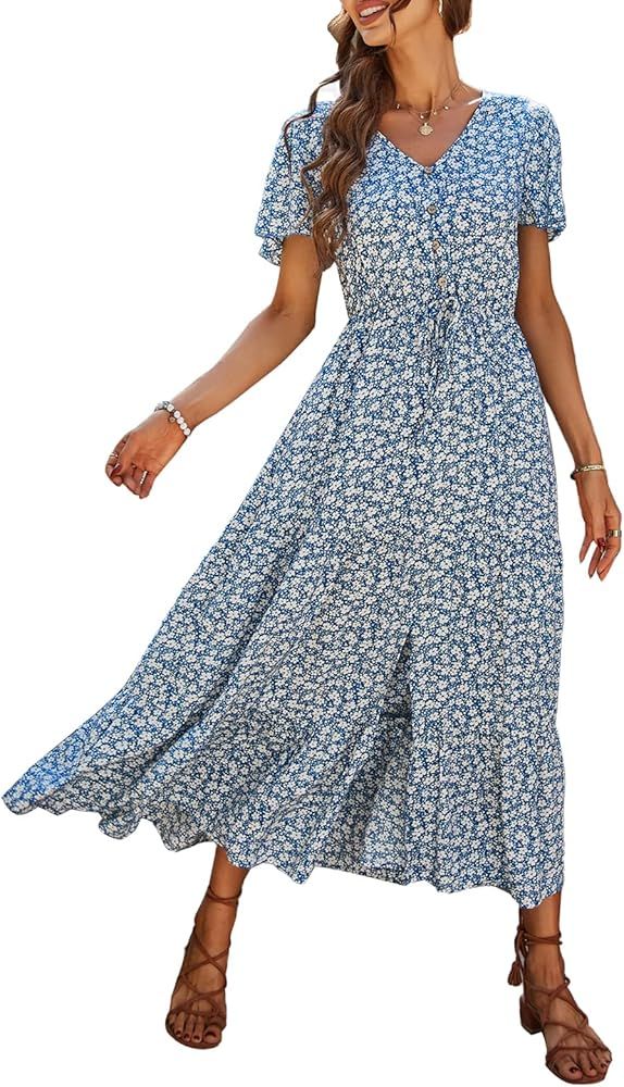 PRETTYGARDEN Women's Floral Summer Dresses 2024 V Neck Short Sleeve Flowy Sun Dress Split Tiered ... | Amazon (US)