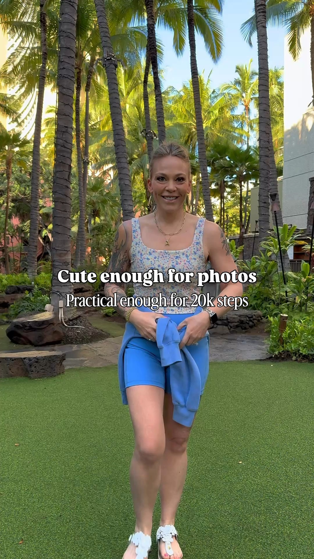 Vacation rule:
If I can’t walk in it, I’m not packing it.

Biker shorts.
Floral tank.
The same sweatshirt from the plane.
Birks I can actually walk in.

Sporty. Practical. Still cute.

Done.

#LTKTravel #LTKootd #LTKOver40