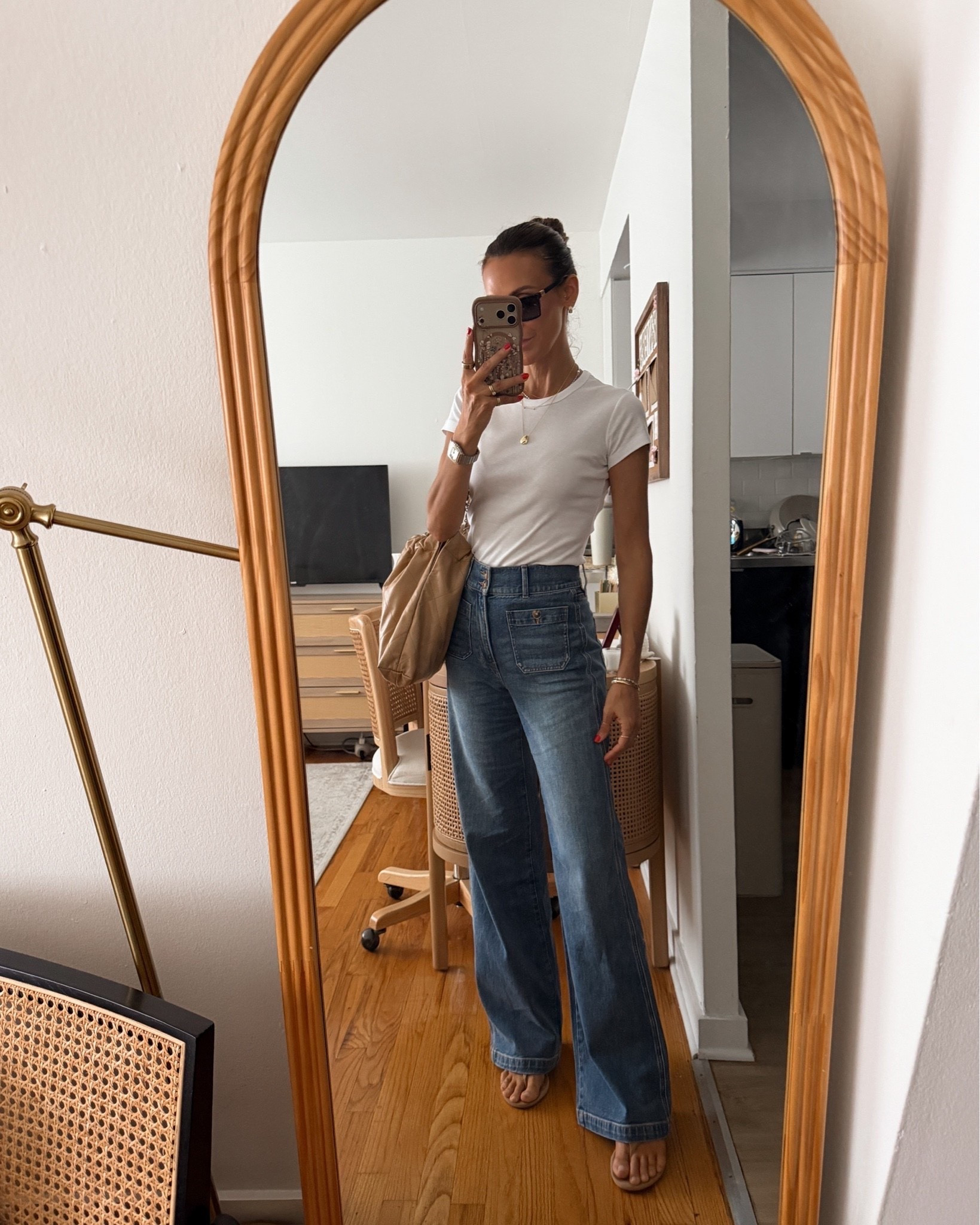 coffee run + travel day outfit 
Wearing the new Veronica beard jeans, white tee and miu miu sunnies from the Nordstrom sale! Both fully stocked right now! Fits tts/25/XS 
My sandals are the comfiest

#LTKSaleAlert #LTKOver40 #LTKSeasonal