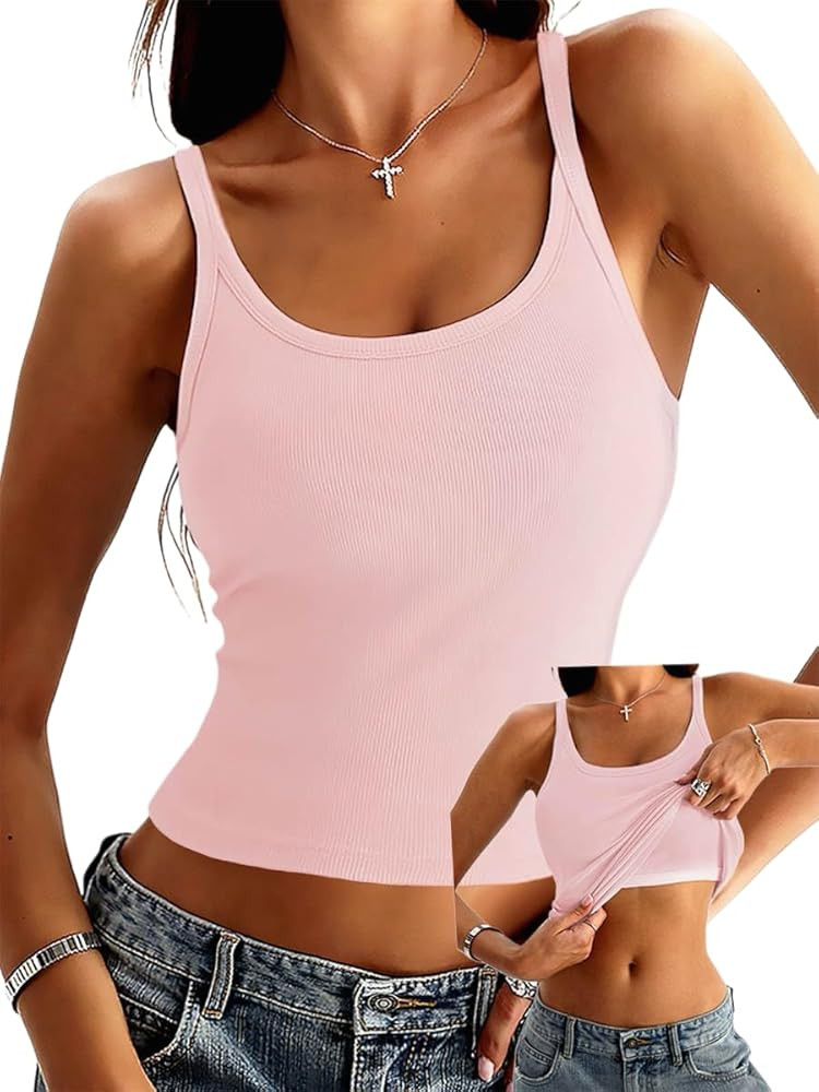 Danysu Women's Tank Tops with Bulit in Bras Scoop Neck Ribbed Fitted Knit Crop Halter Tops Spaghe... | Amazon (US)