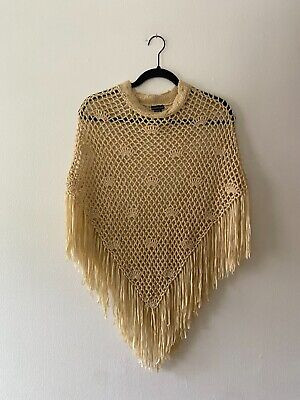 VTG y2k Cream Tan Crochet Fringe Poncho Boho Western Hippie | eBay US