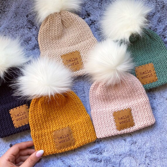 Newborn Baby Beanie Knit Hat with pompom, Hello world, baby gift, baby shower, pink, tan, green, ... | Etsy (US)
