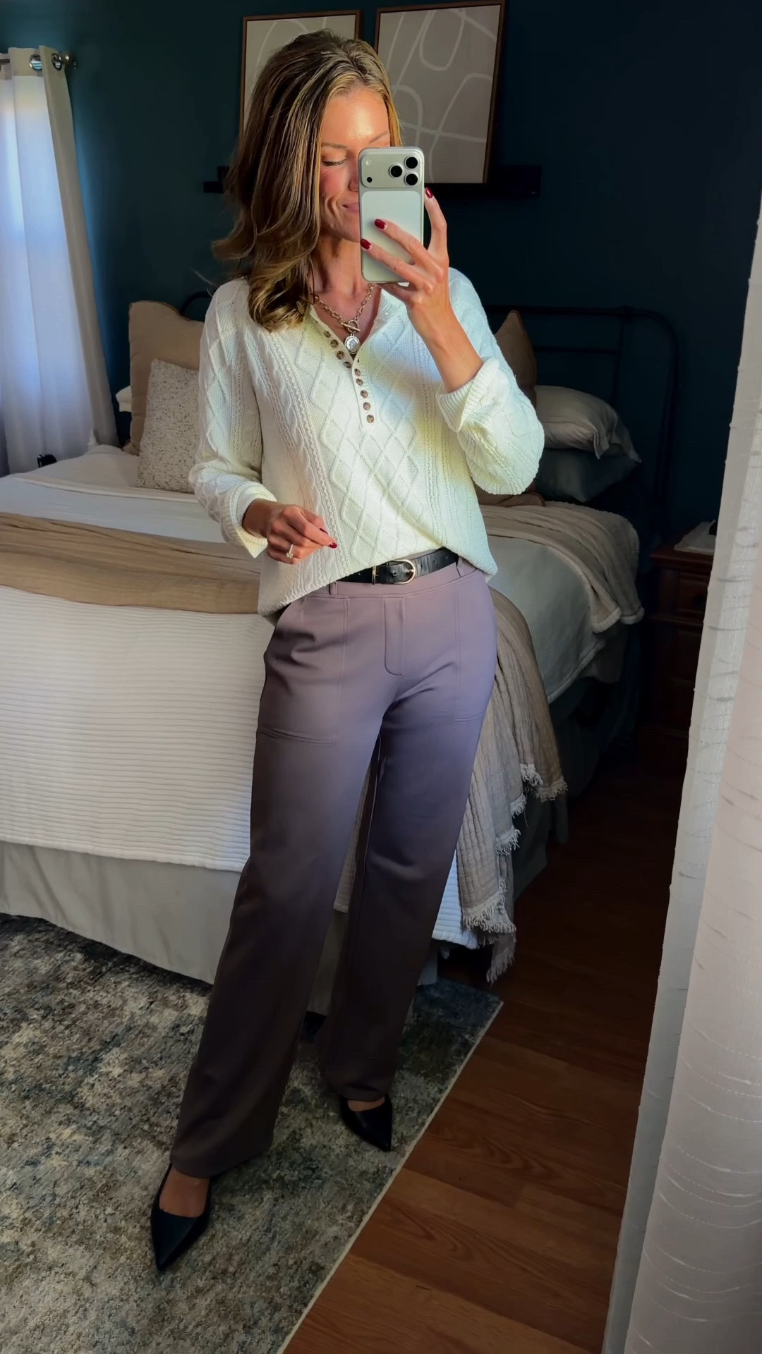 The feel of yoga pants, the look of dress pants. Thermal lined, perfect for Fall/Winter. 
Top/small
Pants/ medium tall

#LTKSeasonal #LTKOver40 #LTKWorkwear
