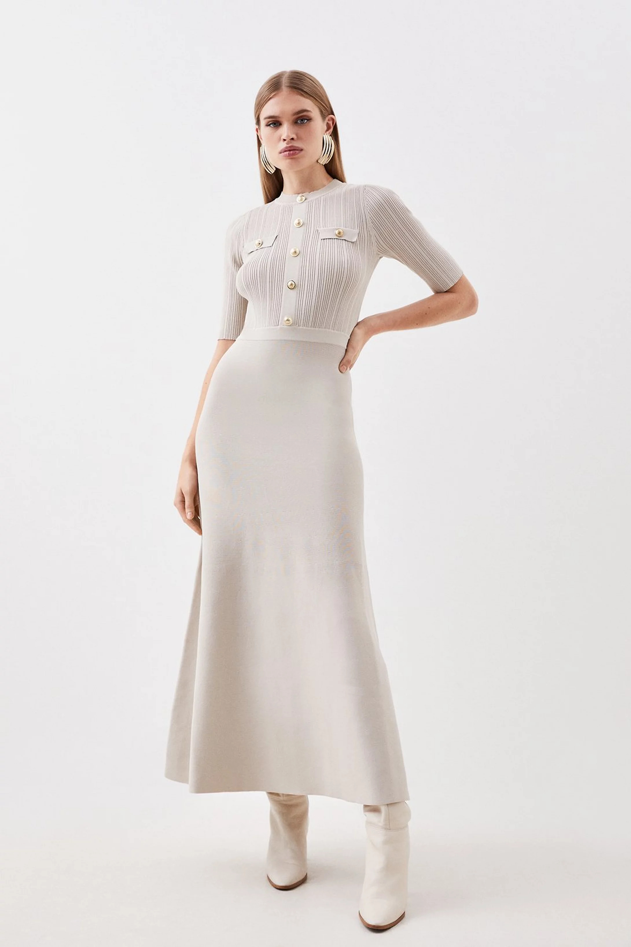 Viscose Blend Rib Knit Military Half Sleeve Midaxi Dress | Karen Millen US