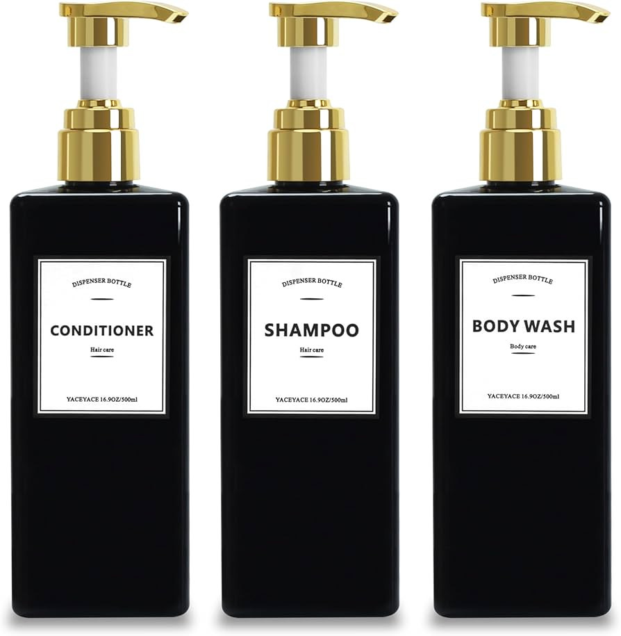 Black Shampoo Bottles with Gold Pump YACEYACE 16.9oz Set of 3 Shampoo and Conditioner Dispenser E... | Amazon (US)