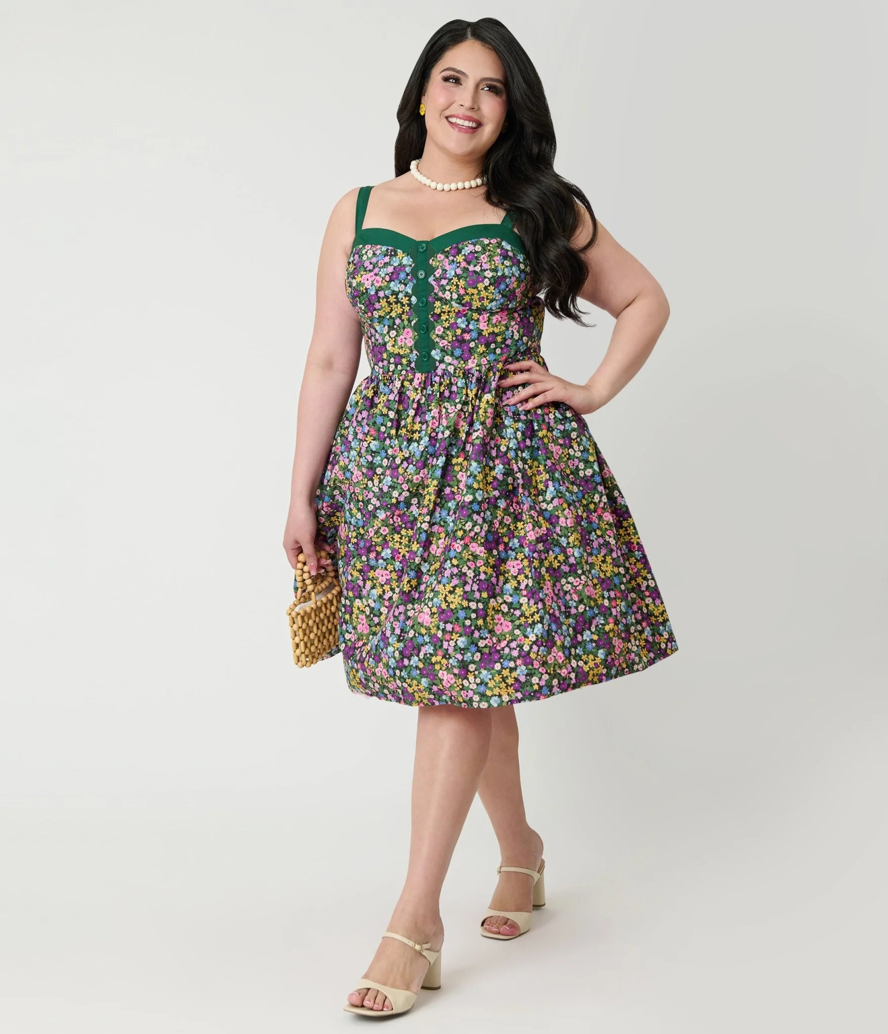 Unique Vintage Plus Size Green Ditzy Floral Sweetheart Cotton Swing Dr | Unique Vintage - North America