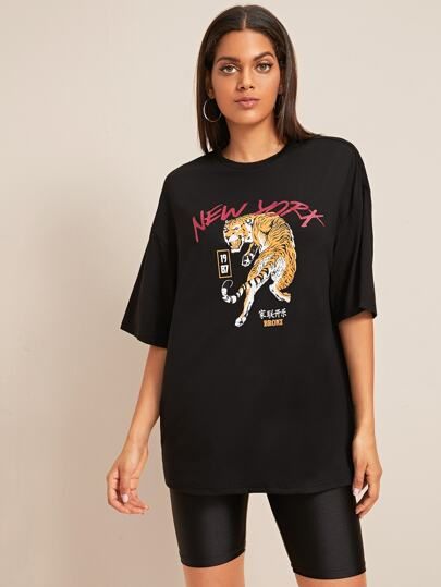 Tiger & Letter Print Oversize Tee | SHEIN