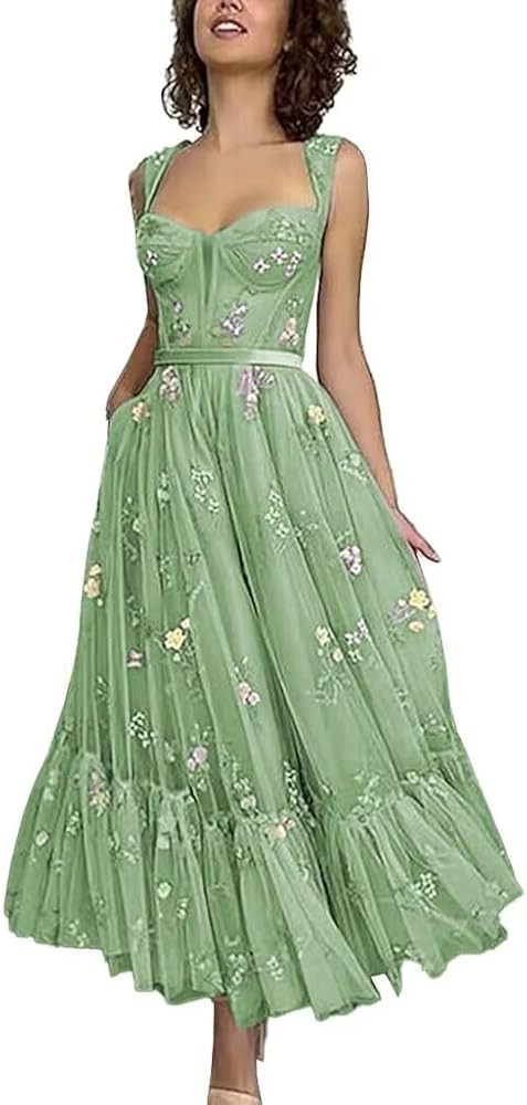 Flower Embroidered Tulle Prom Dresses Sweetheart Spaghetti Straps A-Line Tea Length Formal Evenin... | Amazon (US)