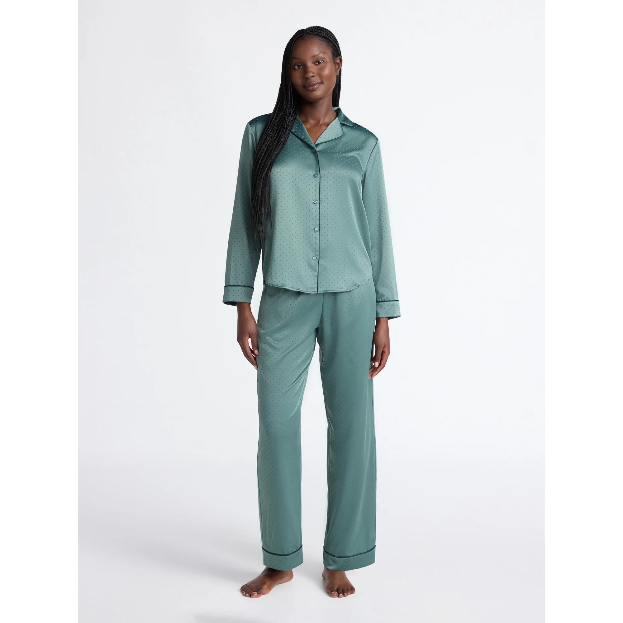 Joyspun Women’s Stretch Satin Notch Long Sleeve Top and Pants Pajama Set, 2-Piece, Sizes XS-3X ... | Walmart (US)