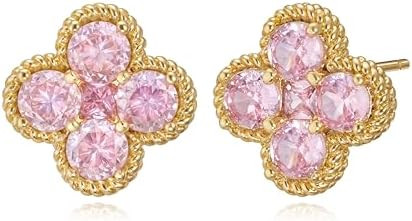 Gold Stud Earrings for Women Trendy 14K Gold Plated Dainty Small Red Flower Cubic Zriconia Clover... | Amazon (US)