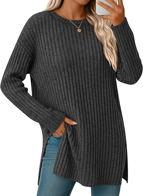 Velvelhall Oversized Sweaters for Women Lightweight Long Sleeve Crew Neck Ribbed Side Slit Loose ... | Amazon (US)