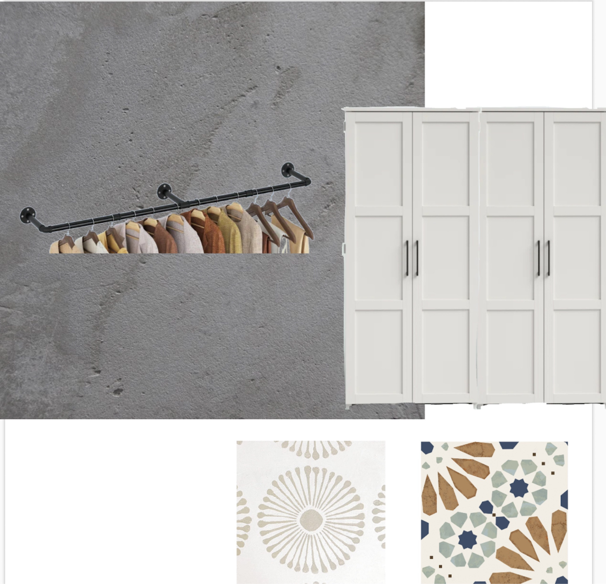 Laundry room refresh mood board ✨ the client had floor to ceiling open shelving that made things feel cluttered, so I recommended closed cabinets! Also suggested a fun new floor tile or paint stencil, and some drying racks on an existing concrete wall 🫧🤍

#LTKunder100 #LTKsalealert #LTKhome