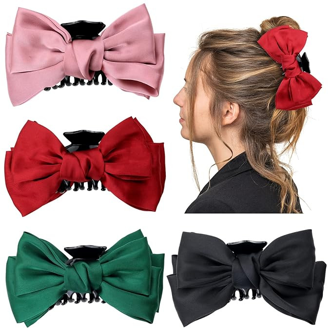 4 Pack Satin Large Bow Hair Claw Clips Red Black Plastic Ponytail Holder Clips with Bowknot on Bo... | Amazon (US)