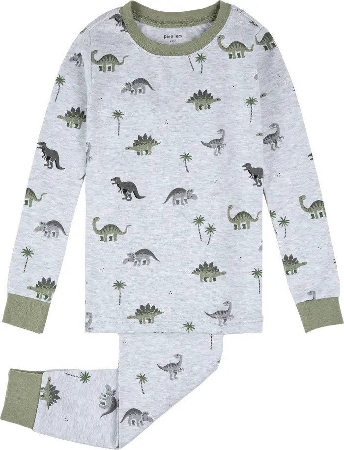 Petit Lem Kids' Dino Print Fitted Two-Piece Organic Cotton Rib Pajamas | Nordstrom | Nordstrom