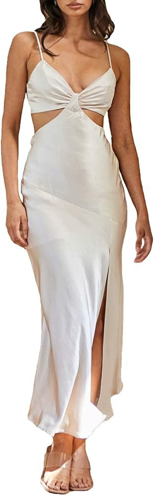 2024 Satin Cut Out Maxi Summer Dresses for Women Silk Spaghetti Strap V-Neck Backless Tie Back We... | Amazon (US)