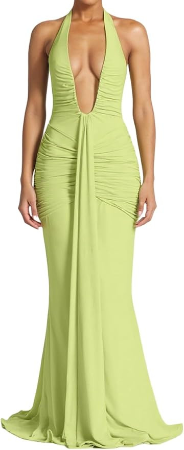 SHINFY Women Summer Halter Maxi Dress Ruched Bodycon V Neck Formal Cocktail Party Evening Dress | Amazon (US)