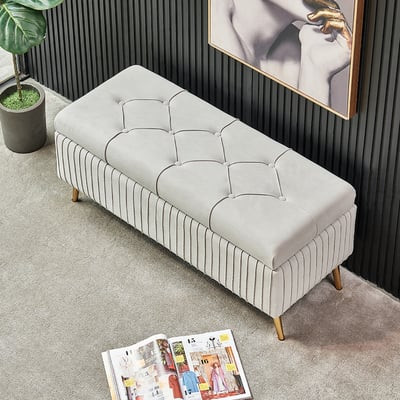 Modern Velvet Storage Bench Flip Top in Gray with Gold Legs-Homary | Homary