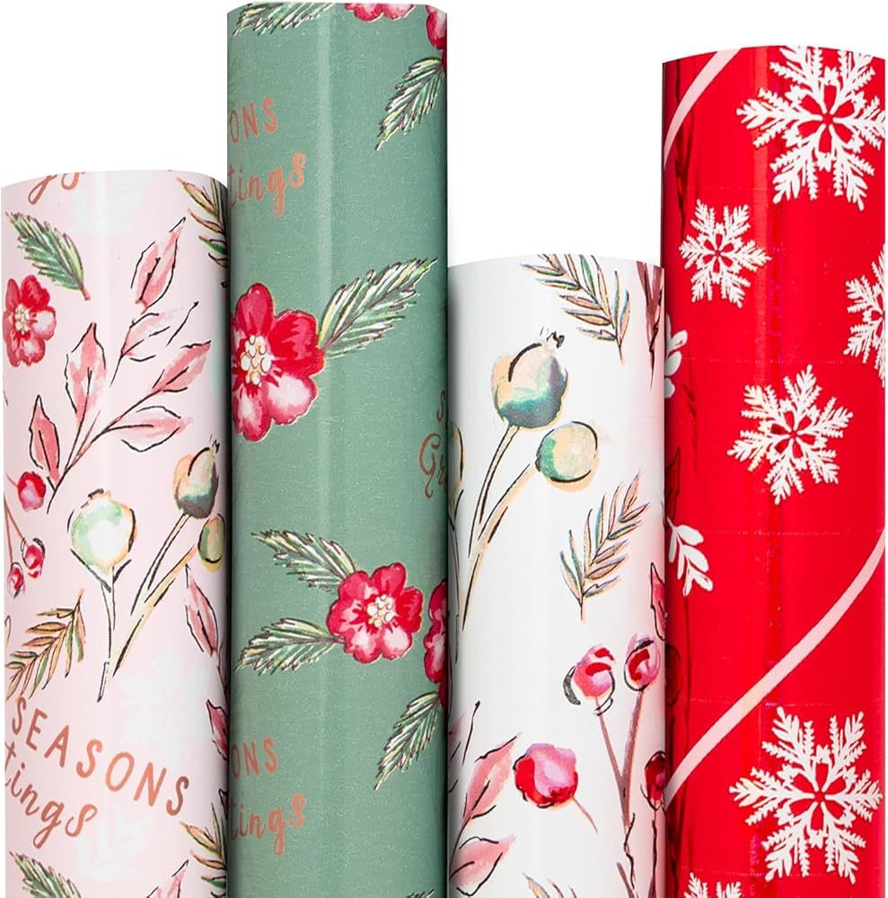 BIOBROWN Pink Vintage Christmas Wrapping Paper Jumbo Roll Clearance Kit Red Floral Snowflake Desi... | Amazon (US)