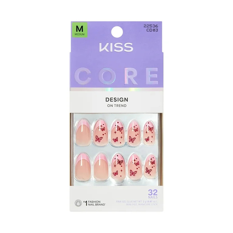 KISS CORE Design Press On Nails Almond, ‘Signature’, Pink, Medium Length, 32 Count | Walmart (US)