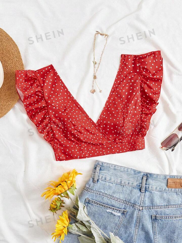 SHEIN WYWH Ladies' Love Heart Printed Short Flying Sleeve Crop Top | SHEIN