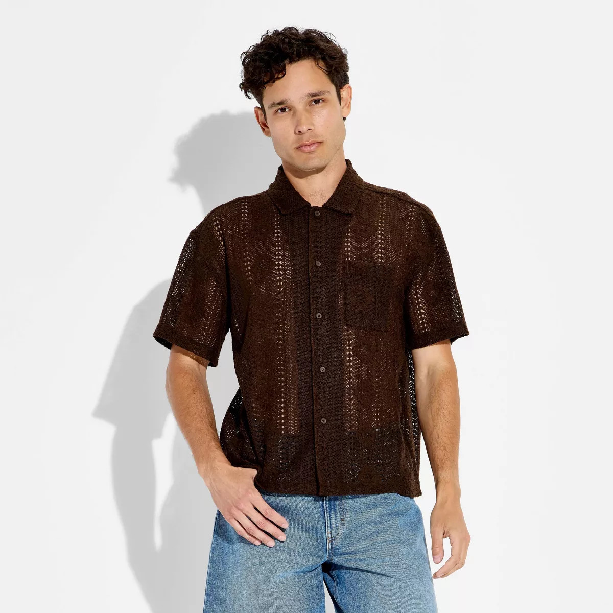 Men's Open Work Short Sleeve Collared Button-Down Shirt - Original Use\u2122 Brown S | Target