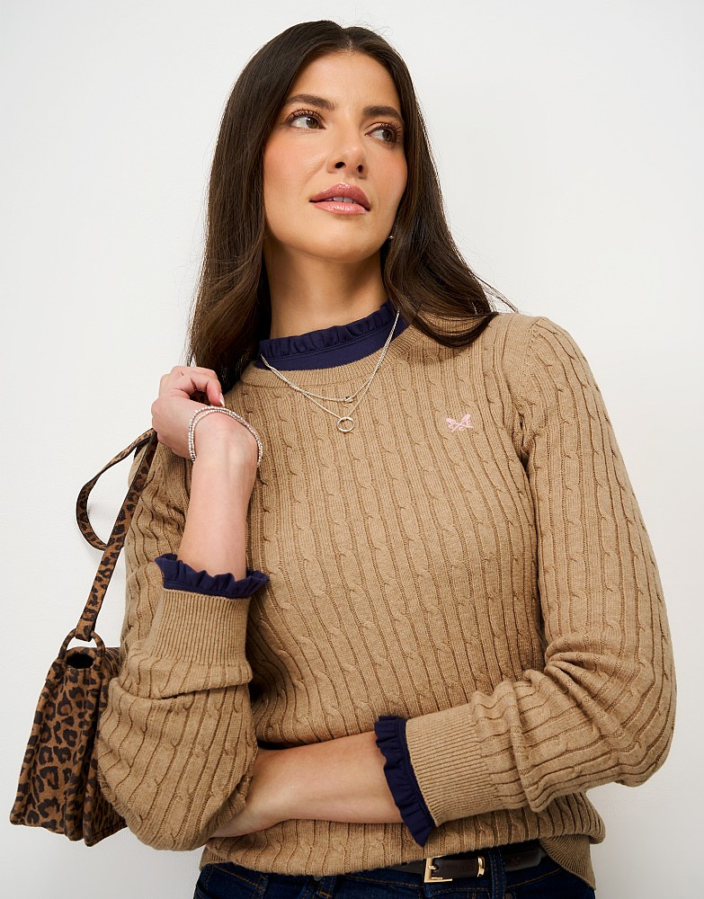 Heritage Cable Crew Neck Jumper with Cashmere in Tan Marl | Crew Clothing (UK)