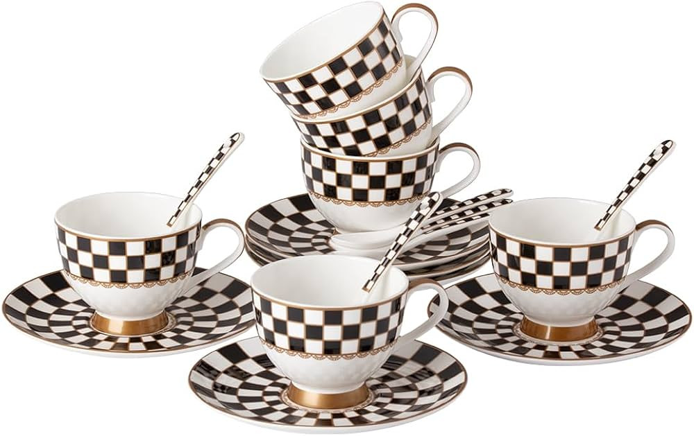 Porlien Black and White 6-ounce Porcelain Checker Van Gogh Cups and Saucers Set of 6 with Coffee ... | Amazon (US)