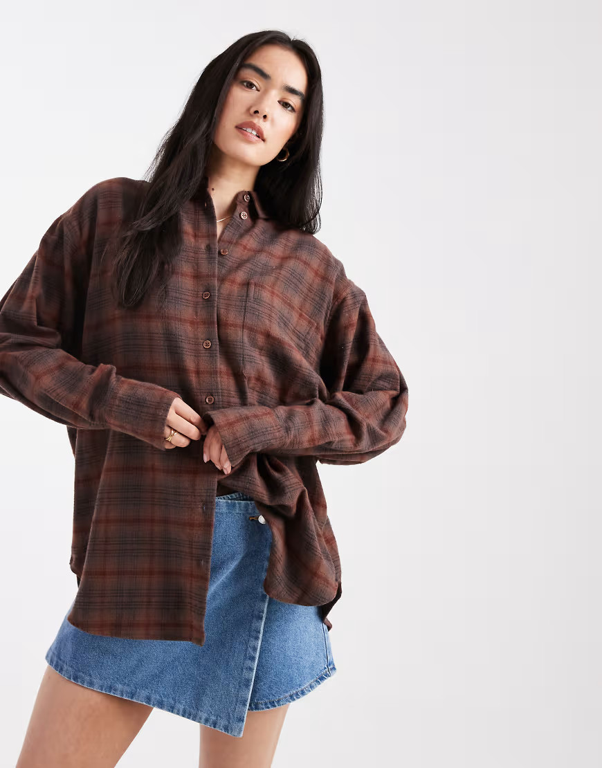 ASOS DESIGN brushed oversized shirt in brown plaid | ASOS (Global)