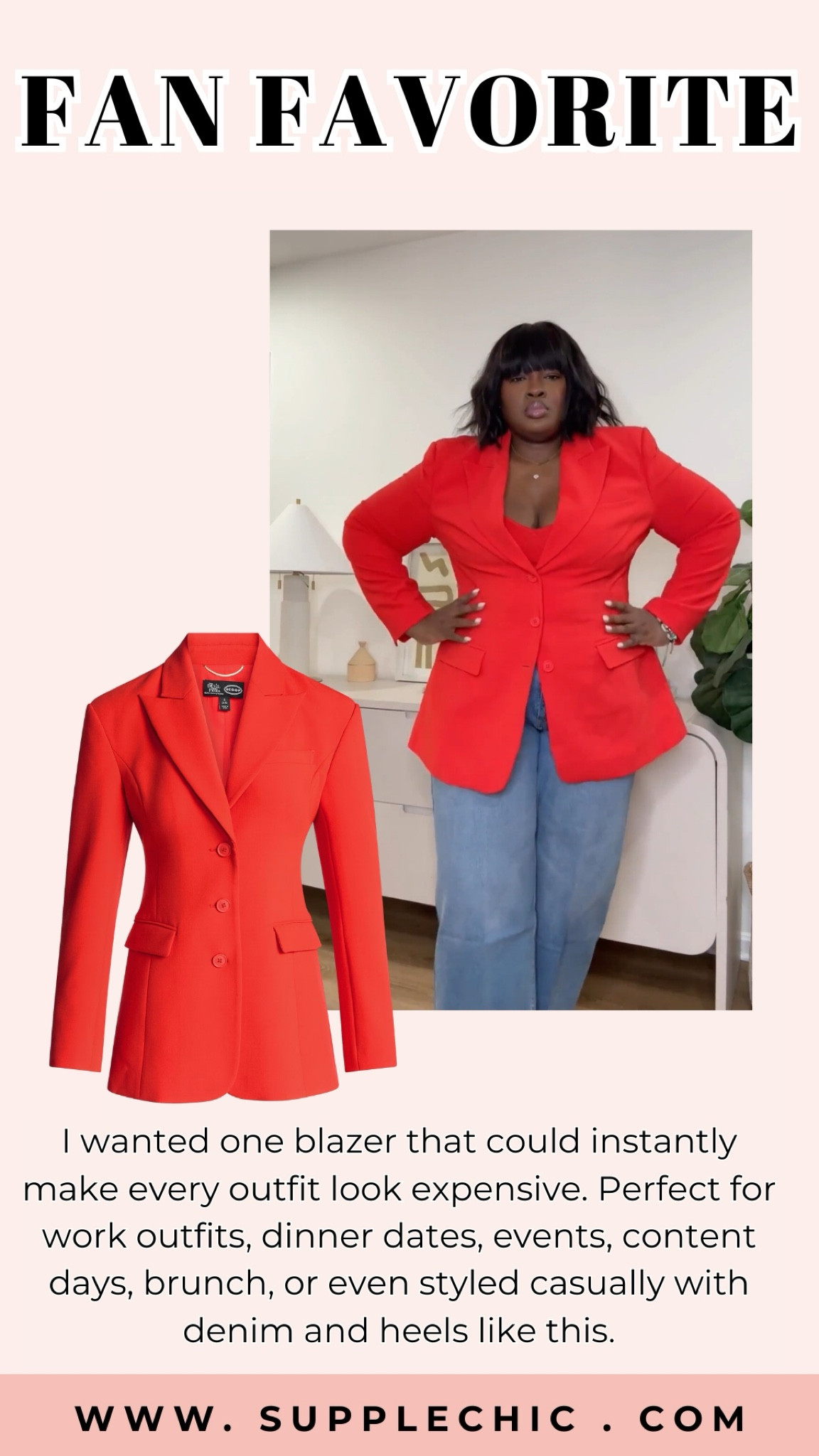 I wanted one blazer that could instantly make every outfit look expensive. Perfect for work outfits, dinner dates, events, content days, brunch, or even styled casually with denim and heels like this. #PlusSizeFashion #BlazerStyle #WorkwearStyle #AffordableFashion #WalmartFashion #BossBabeStyle #StatementBlazer #CasualChicStyle #DenimAndBlazer #LTKStyle

#LTKMidsize #LTKootd #LTKSeasonal