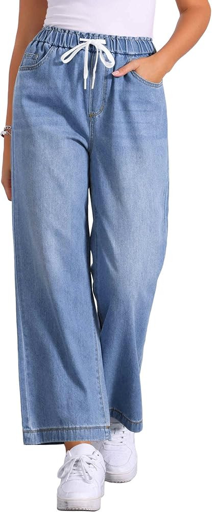 Allegra K Casual Denim Pants for Women's Baggy 2025 Trendy Elastic Waist Wide Legs Drawstring Jea... | Amazon (US)